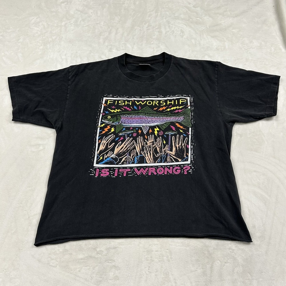Ray troll Fish Worship Is It Wrong T-Shirt Mens XL Black Vintage 1990 Tee